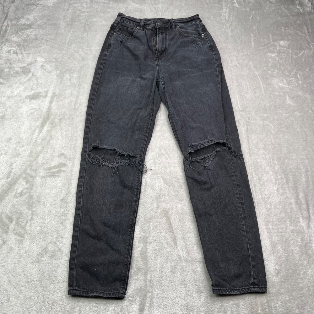 American Eagle Jeans Womens 00 Black Mom Straight Leg‎ Ripped Distressed Denim